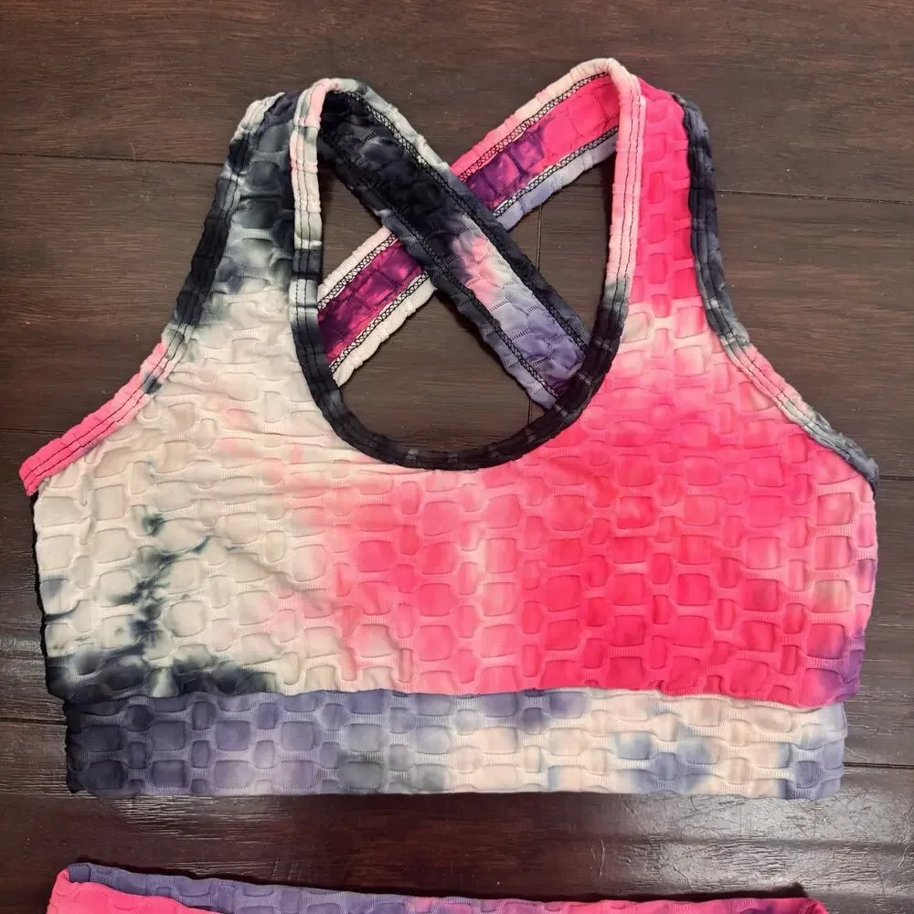 AQ-SPORT 2 Pc Matching Workout Set Sports Bra Biker Shorts Tie Dye Honeycomb M